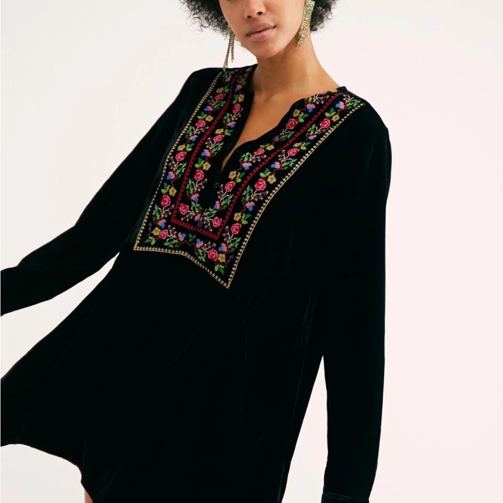 Free People Always Forever Black Mini Dress with Floral Embroidery